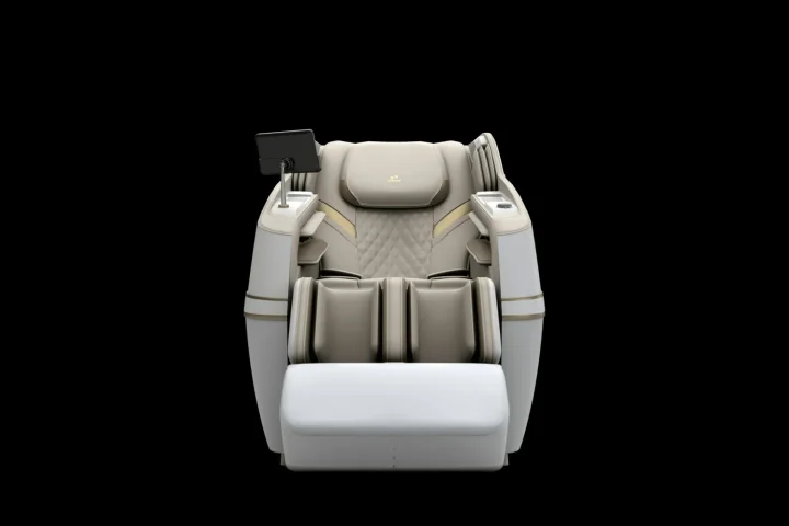 Front view of a beige massage chair with a side-mounted remote