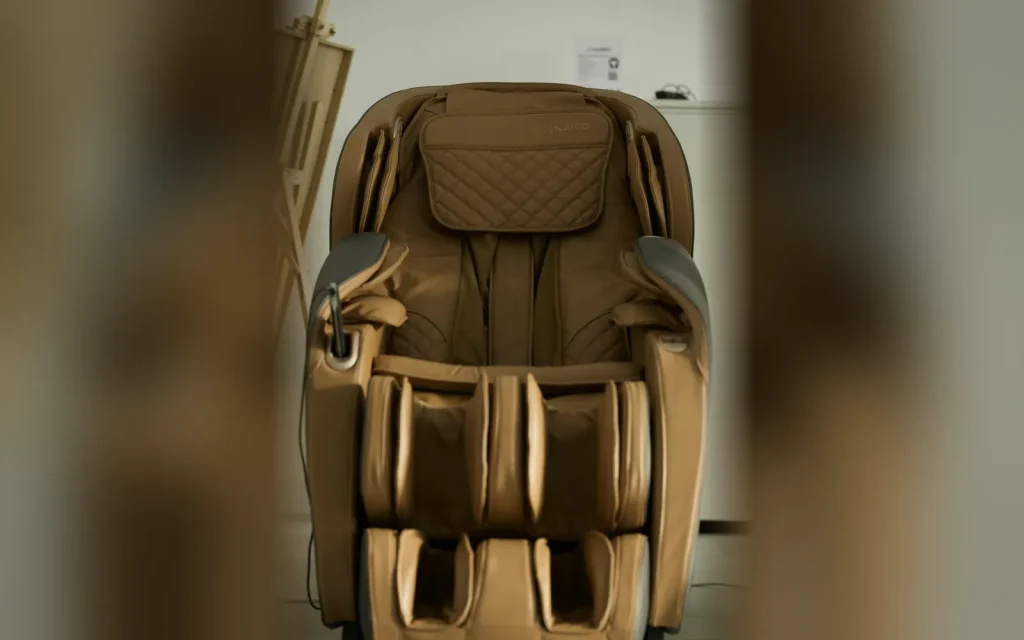 Front view of a brown full-body massage chair