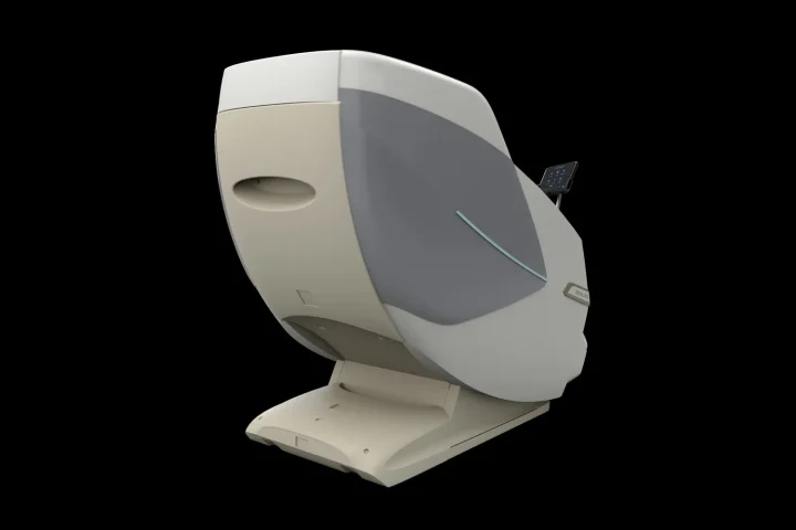 White massage chair shown from a rear three-quarter angle